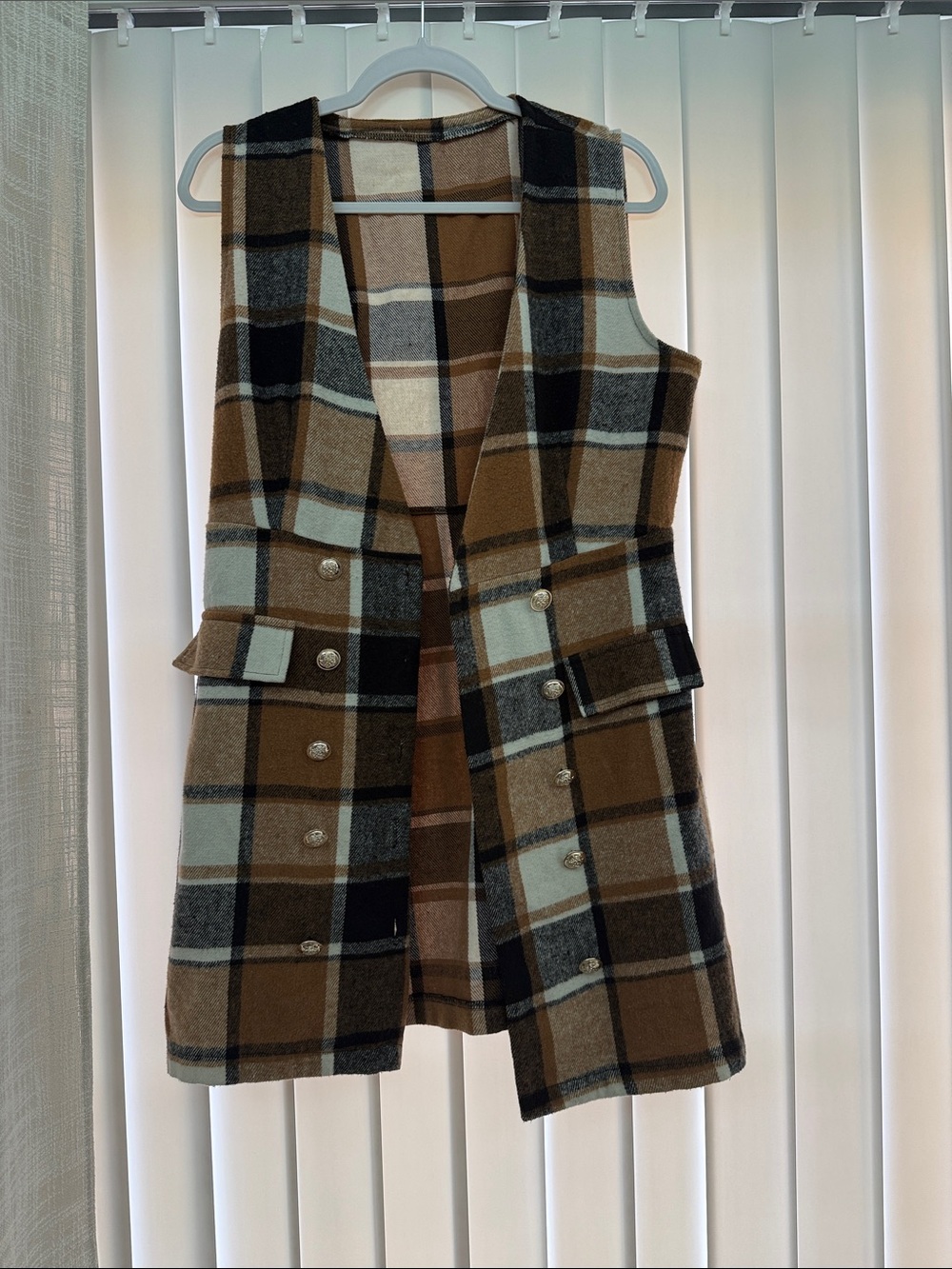Plaid Sleeveless Coat Vest in Brown and Black